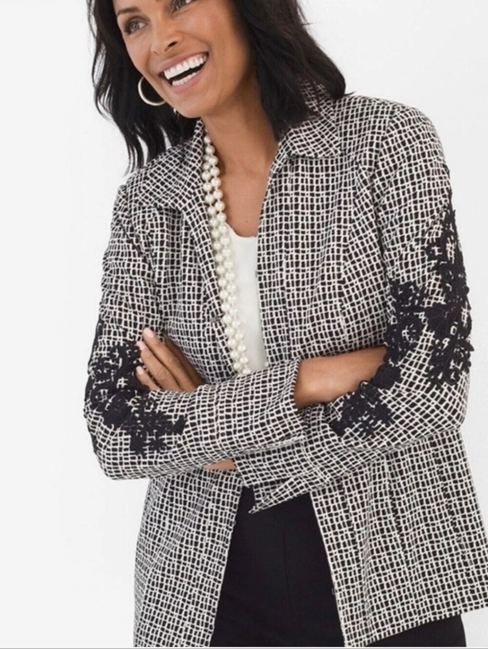 Chico's Black & White Grid Zip Jacket with Lace Sleeve Detail